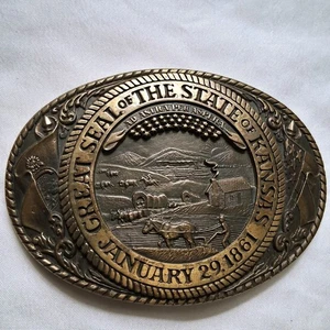 Tony Lama Vintage "Great Seal Of The State of Kansas 1816" Messing Gürtelschnalle - Bild 1 von 6
