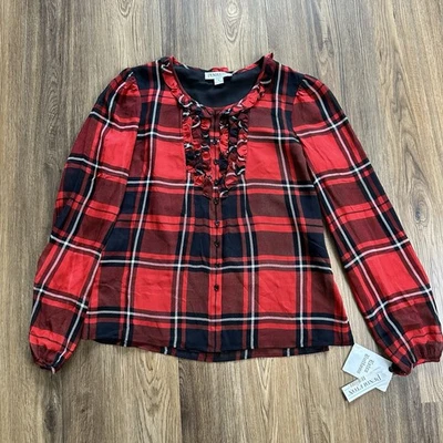 Blusa Pendleton Manga Larga 100% Seda Botón Volantes Tartán Rojo Escocés Top 4 NUEVA Foto 1 de 4