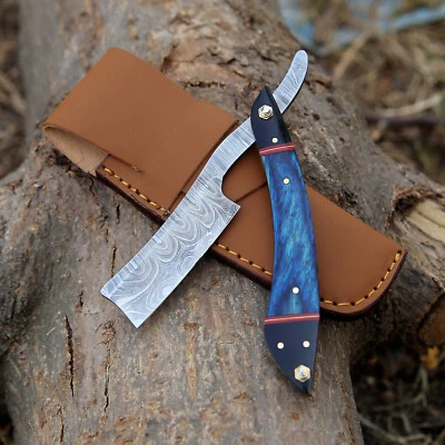 Maquinilla de afeitar recta de acero Damasco para hombre barbero afeitado azul negro bolsa de mango Foto 1 de 4
