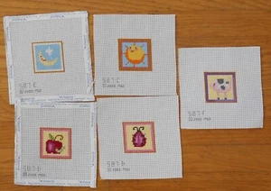 5 Small needlepoint pictures, ornaments handmade Pig, Moon, Sun, Apple, Ladybug - Picture 1 of 3