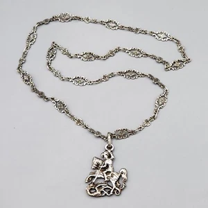 Gothic St George Dragon Slayer Italy 800 Silver Peruzzi Pendant Necklace 26" 30g - Picture 1 of 12