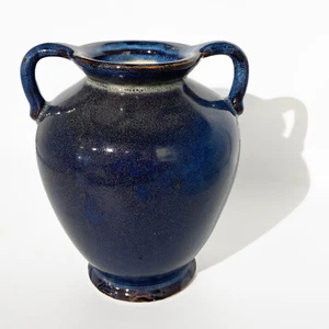 Vintage Vase in Amphorenform mit Henkeln glasiert kobaltblau mit braunen Akzenten - Bild 1 von 10