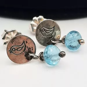 Sterling Silver Chirping Bird Stud Earrings Blue Crystal Signed Jacque 925 - Picture 1 of 5