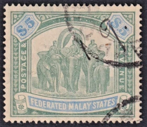 FEDERATED MALAY STATES - $5 Green & Blue *ELEPHANTS* USED SG 50 (CV £180) - Picture 1 of 1