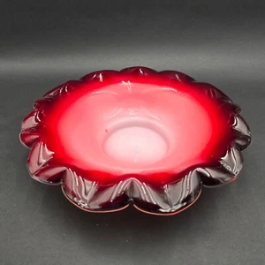 Vintage Brides Basket Cranberry Cased Glass Bowl Ruffled Red and White 10.5" - Picture 1 of 10