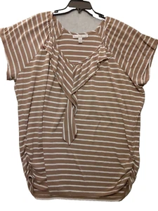 French Laundry Women Plus 22/24 Tan White Striped Tee T Shirt Top Ruffle VNeck - Picture 1 of 11