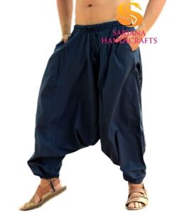 Pantalon harem bleu massif pour hommes et femmes hippie goutte entrejambe pantalon génie