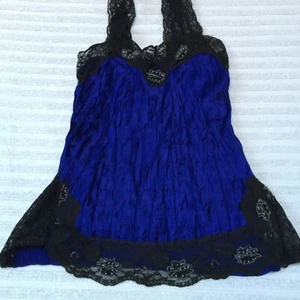 Cino Women Crinkle Beaded Lace Trim Tank Top Blouse Medium Black/Blue Sleeveless - Picture 1 of 6