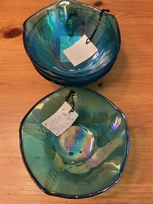 "AKCAM 4 cuenco de vidrio opalescente azul océano ESTRELLA tema playa 5,5"" X 2,5"" NUEVO Foto 1 de 4