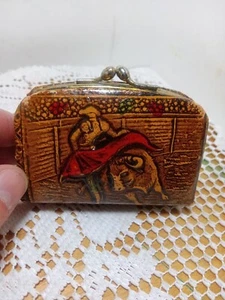 Vintage Change Purse / Wallet Bull Fighter Spain Faux Leather Double Kiss Clasp. - Picture 1 of 11