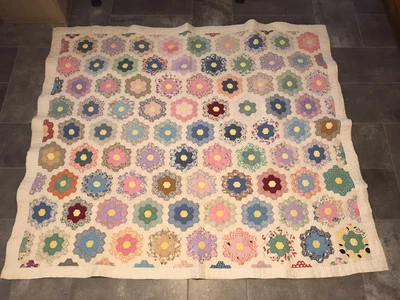Vintage Grandmother’s Flower Garden Flour Sack Hand Stitched Quilt 1930s 78 X 68 - Image 1 of 4