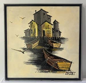 Signed MCM Brent Painting on Canvas Buildings Boats Birds Framed - Picture 1 of 7