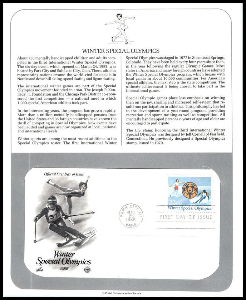 1987 Winter Special Olympics 22c Sc 2142 ArtCraft FDC on PCS info page - Image 1 of 1