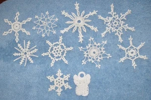 NEW! 10 Starched Hand Crocheted White Christmas Snowflakes Ornaments w/1 Angel - Picture 1 of 15