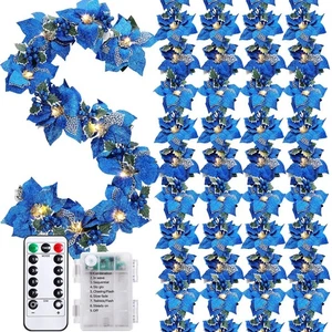 5 Pcs Prelit Poinsettia Winter Garland with Lights Glitter Holly Leaf Berry 6... - Picture 1 of 7