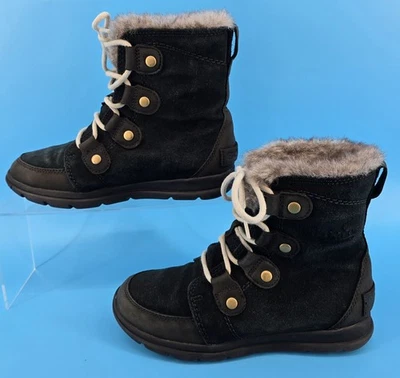 Sorel Winter Boots Womens 6.5 Explorer Joan Black Suede Waterproof Snow Faux Fur - Image 1 of 4