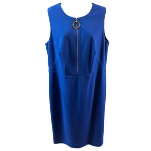 Calvin Klein Dress 14W Royal Blue Sheath Front Zipper Gold Detail Lined Chic - Picture 1 of 10