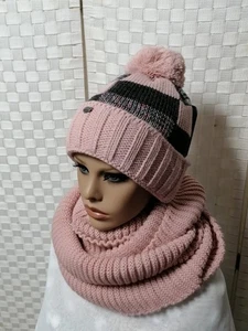 Strickmütze Mütze rose rosa mehrfarbig Bommel innen Fleece Loop 2tlg dimo Neu - Picture 1 of 13