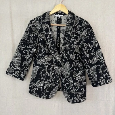 CABI 女式 Eliza Brocade 佩斯利挂毯西装外套 6 黑色奶油色波西米亚时尚 #312 — 第 1/4 张图片