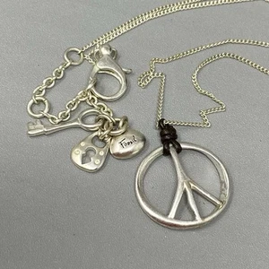 Fossil Brand Necklace Peace Sign Pendant Lock Key Charm Clasp Silver Tone Chain - Picture 1 of 11