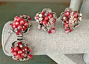 Vintage SET BRACCIALE e ORECCHINI anni 40 ORIGINALE BY ROBERT PERLINE ROSSE e STRASS - Foto 1 di 16