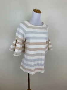 MAEVE Anthropologie Cream Glitter Gold Silver Striped Bell Sleeve Shirt sz Small - Picture 1 of 8