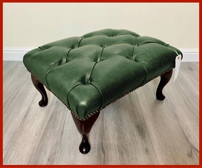 Chesterfield Buttoned Queen Anne Green Faux Leather Footstool - Image 1 of 4