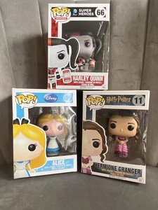 3 Funko Pop! Figures Lot - Harley Quinn #66, Alice #49 & Hermione Granger  #11 - Picture 1 of 6