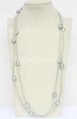 54" 13mm Baroque gray freshwater pearls gray leather necklace - Image 1 of 2