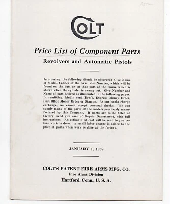1938 Colt Firearms List of Parts for Revolvers and Pistols w Illustrations - Image 1 of 3