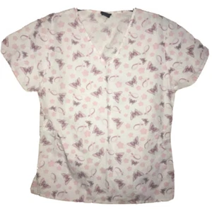 Women’s Scrub Top Size Small Butterfly Breast Cancer Ribbon Pattern Medgear Y2K - Picture 1 of 4