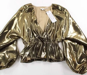 Rhode NWT Silk/Metallic Long Sleeve Peplum Mila Top Size XS in Gold - Picture 1 of 6