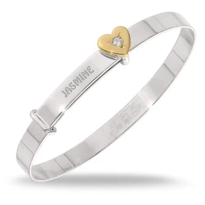 Personalised Children's 925.Silver Bangle Christening Bracelet Gold Heart 0-3yrs - Picture 1 of 7