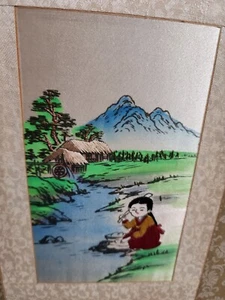 Vintage Paar chinesische Seidenstickerei Landschaftsszenen Klappschirm R - Bild 1 von 11