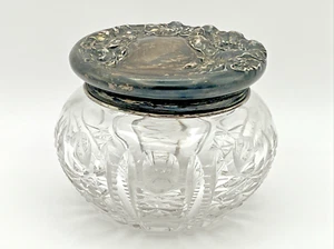 Vintage Cut Glass Crystal Powder Jar with Sterling Silver Floral Lid - Picture 1 of 8