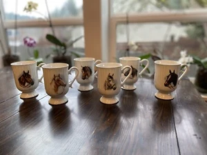 6 Vintage Pedestal Cup Set With Different Horse Breeds Motif - Picture 1 of 9
