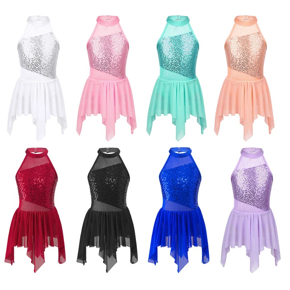 Girl Shiny Sequin Ballet Tutu Dress Halter Neck Irregular Lyrical Dance Costume - Image 1 of 1