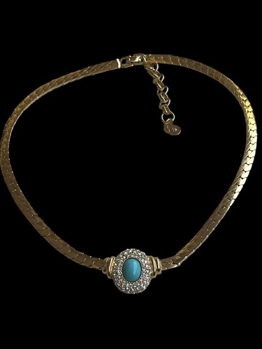 Collana Christian Dior placca oro pavè strass blu ciondolo ovale 17 in