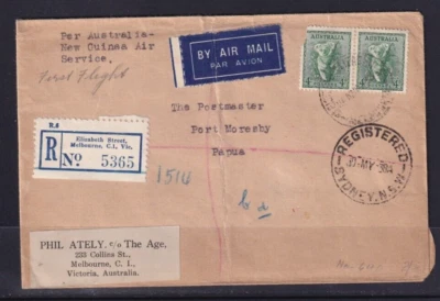 AUSTRALIA 30 MAY 1931 REGISTERED FFC NEW GUINEA AIR SERVICE TO PORT MORESBY#C857 - image 1 of 2