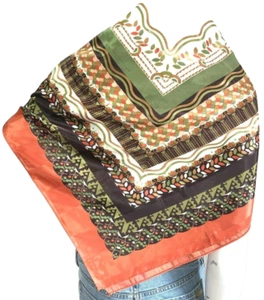 Cejon Fall Square Scarf Large Satin Leaves Dot Print Green Orange 35 in - Picture 1 of 9