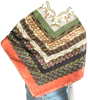 Cejon Fall Square Scarf Large Satin Leaves Dot Print Green Orange 35 in - Image 1 of 4