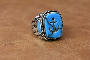 Turquoise Stone Ring W Anchor Handmade Ottoman Style 925 Sterling Men Size 8.5