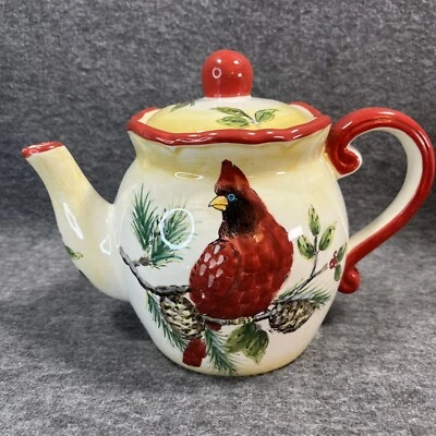 Tetera de cardenal rojo con piñas pintadas a mano de invierno vintage Foto 1 de 4