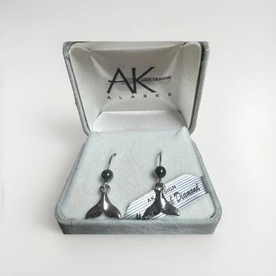 AK Jack Designs ALASKA BLACK DIAMOND EARRINGS Silver Tone Dolphins Tails NEW - Image 1 of 3