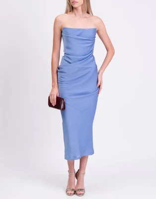 PVP €1950 Vestido Midi Alex Perry uk8 us4 it40 s Azul Forrado Drapeado Cuello Bandeau Foto 1 de 4