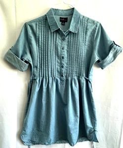 Pleated Denim Dress LOVE by Chesley Chambray Cottage Core Large Adj. Sleeves - Picture 1 of 11