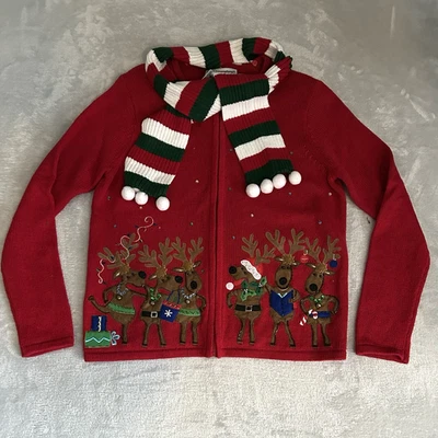 Vtg Tiara International Christmas Cardigan Sweater Womens M Red Reindeer Scarf - Image 1 of 4