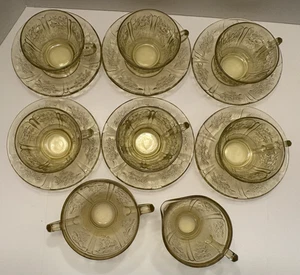 14 Amber Sharon Cup, Saucer, Sugar, Creamer Depression Glass Cabbage Rose Yellow - Picture 1 of 6