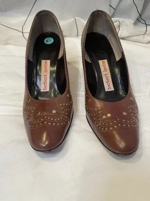 Vintage Herbert Levine Brown Leather Studded Heels Size 9 & 1/2 AA - Image 1 of 4