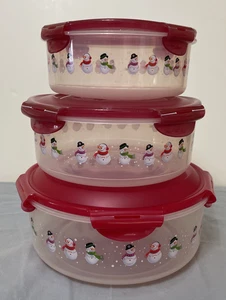 Lock N Lock SNOWMAN PRINT Nestable Container 3 Pc Set - Picture 1 of 14